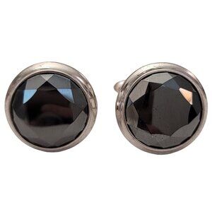 Sterling Silver Faceted Black Hematite Stone Round Cufflinks, Signed K335